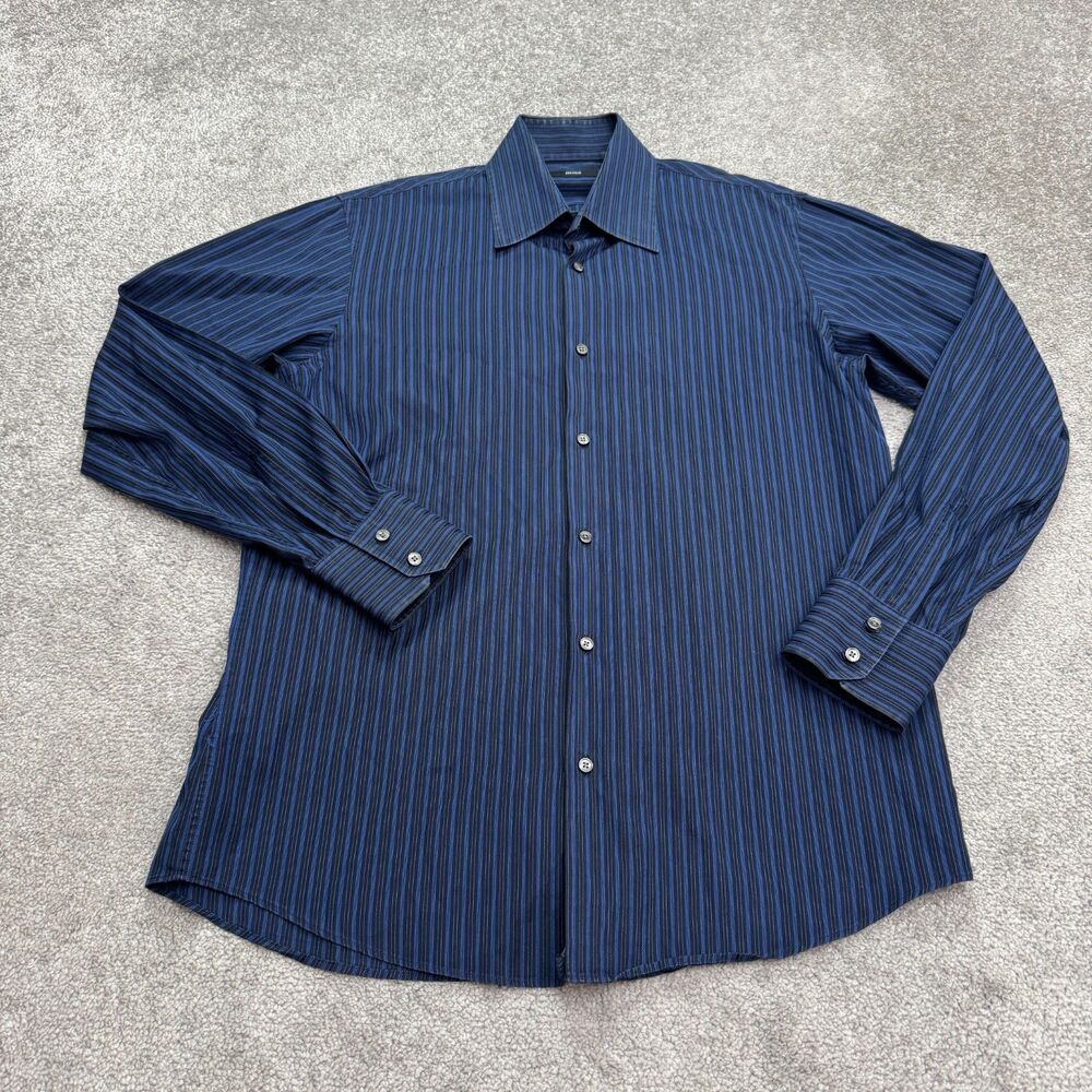 Hugo Boss Dress Shirt Mens 15.5 32/33 Navy Blue Striped 100% Cotton Workwear